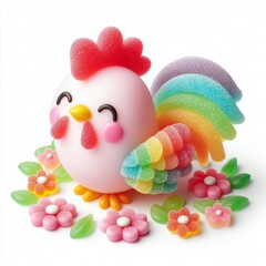 a cute rooster with flowers made of pastel color rainbow gummy candy on a white background