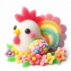 Fototapeta na wymiar a cute rooster with flowers made of pastel color rainbow gummy candy on a white background
