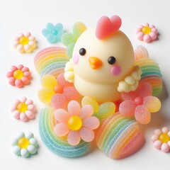 Fototapeta na wymiar a cute little chicken with flowers made of pastel color rainbow gummy candy on a white background