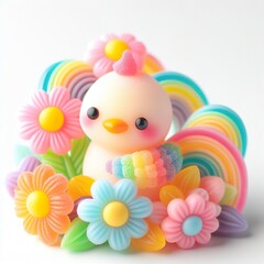 a cute little chicken with flowers made of pastel color rainbow gummy candy on a white background