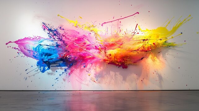 Splashes of neon paint exploding against a blank white wall, creating a visually stunning contrast.
