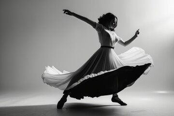 A woman in black and white attire gracefully dancing in a captivating manner - obrazy, fototapety, plakaty