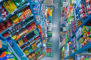 A busy grocery store aisle filled with shelves stocked with a diverse range of items, displaying an abundance of food products and household essentials