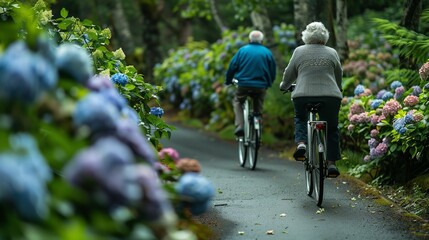 A joyful elderly couple cycles over a paved path bordered by lovely blooms and an array of lush foliage useful time and space, Generative AI.