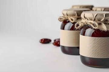 A label-free jar of fresh dates jam set over a white backdrop natural deleterious food and space, Generative AI.