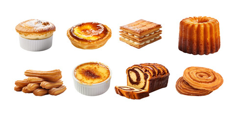 Set of famous dessert such as Creme Brulee,Mille- Feuille,Palmier,Souffle,Canele,Chocolate Babka Bread,churros and Portuguese egg tart isolated on transparent background.