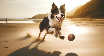 砂浜でボール遊びをする犬｜Dog playing ball on sandy beach, Generative AI - obrazy, fototapety, plakaty