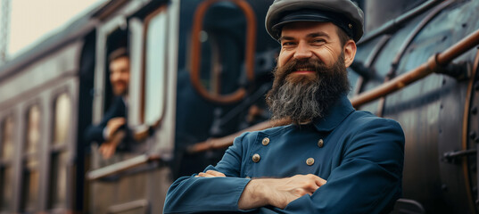 Smiling bearded train conductor with crossed arms standing in front of locomotive - obrazy, fototapety, plakaty