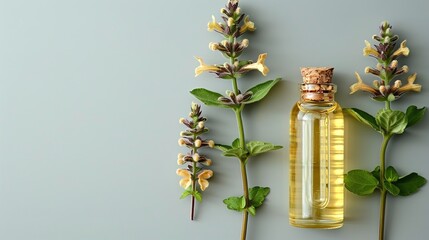 A petite opaque bottle comprising mullein yellow blooms over a white backdrop holds mullein herbal medicine remedy oil and space, Generative AI. - obrazy, fototapety, plakaty