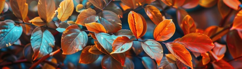 A leafy tree with orange and blue leaves