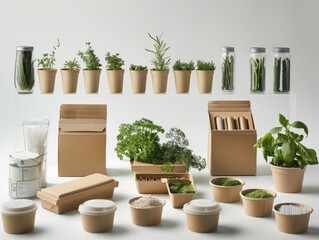 A variety of plants and containers are displayed on a white background