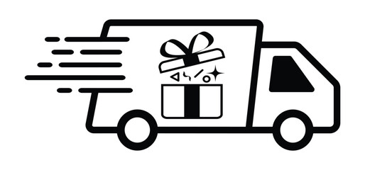 delivery truck with surprise gift icon. express shipping van, transparent vector illustration.