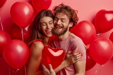 Happy, cheerful couple in love celebrating St Valentine's Day. Joyful, positive young couple  enjoying Saint Valentine's Day, hugging, dancing with red heart shaped balloons, having fun, Generative AI