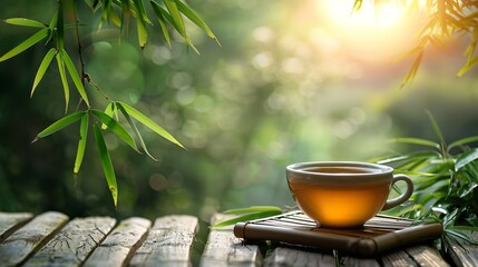 A wooden table with a cup of tea embellished with bamboo leaves over a fuzzy backdrop of the nature-based and space, Generative AI. - obrazy, fototapety, plakaty