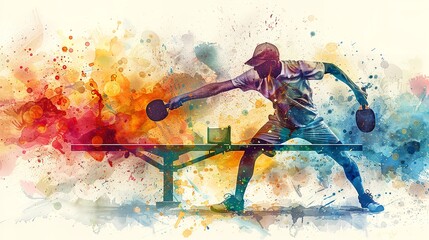 Abstract watercolor painting of a table tennis player engaged with vivid paint splattered over a white backdrop and space, Generative AI. - obrazy, fototapety, plakaty