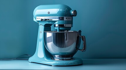 An electronic kitchen mixer in the color blue over a pale blue backdrop useful kitchen product and space, Generative AI.