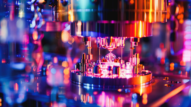 Quantum computer, gold silver mechanism isolated on white background. Mechanism, quantum computing, quantum cryptography, steampunk, Q bits, parallel computing. 3D illustration, 3D render
