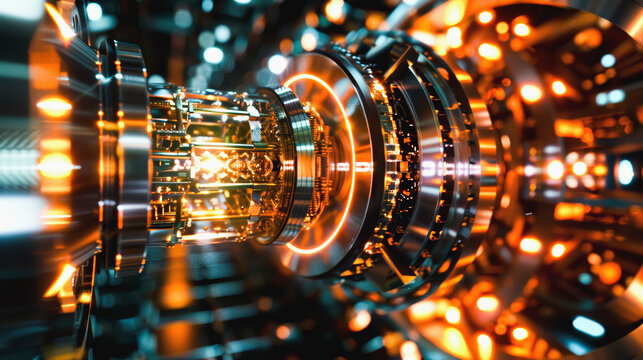 Quantum computer, gold silver mechanism isolated on white background. Mechanism, quantum computing, quantum cryptography, steampunk, Q bits, parallel computing. 3D illustration, 3D render