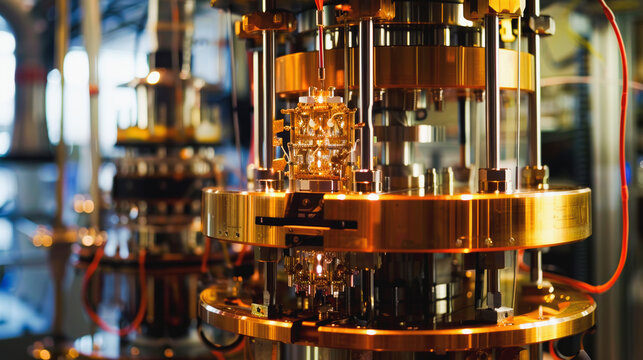 Quantum computer, gold silver mechanism isolated on white background. Mechanism, quantum computing, quantum cryptography, steampunk, Q bits, parallel computing. 3D illustration, 3D render