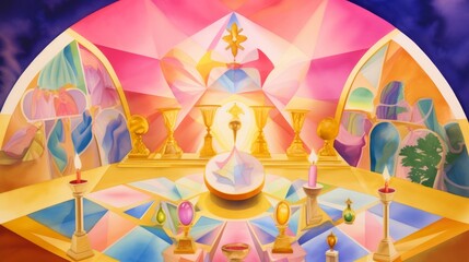 Holy Saturday watercolor, a soft glow around sacred symbols, highlighting spiritual reflection