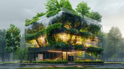 Fototapeta na wymiar Sustainable green building, Eco friendly building. Sustainable glass office building with tree for reducing carbon dioxide, Office with green environment, Corporate building reduce CO2, Safety glass