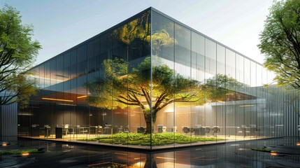 Sustainable green building, Eco friendly building. Sustainable glass office building with tree for reducing carbon dioxide, Office with green environment, Corporate building reduce CO2, Safety glass - obrazy, fototapety, plakaty