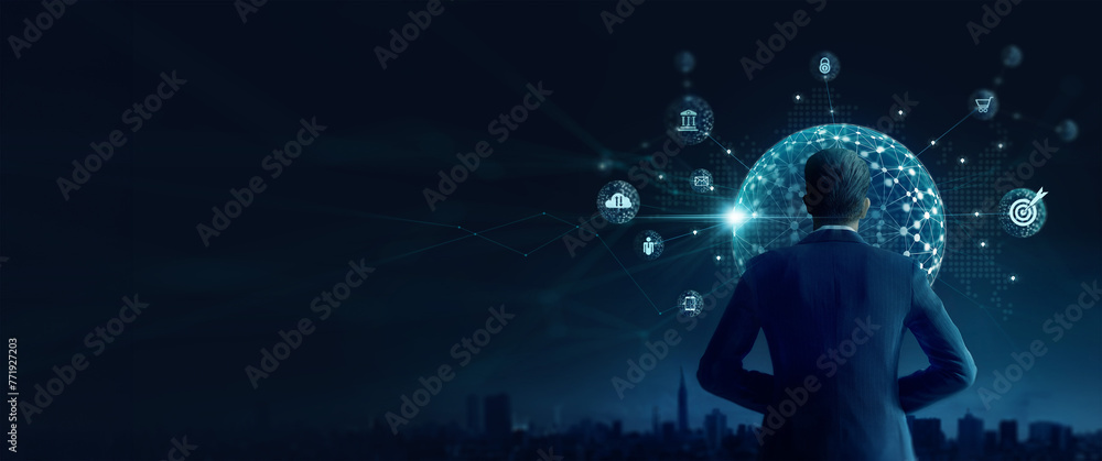 Poster Global business structure of networking. Analysis and data exchange business connection, Target, Strategy and smart digital marketing technology, Financial, Banking and social network.