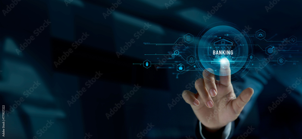 Poster businessman touching icon banking on network connection. digital marketing. finance and banking netw