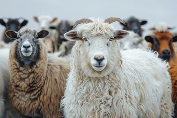 Fototapeta premium Flock of Multicolored Sheep Gazing on a Farm with Prominent White Sheep in the Foreground