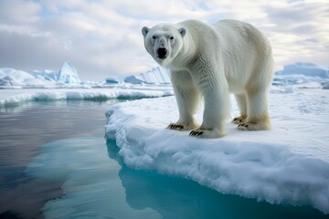 Majestic Polar Bear Standing on Melting Ice Floe in Arctic Ocean Environment with Glacial Backdrop