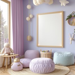 Mockup frame in play room interior background, 3d render