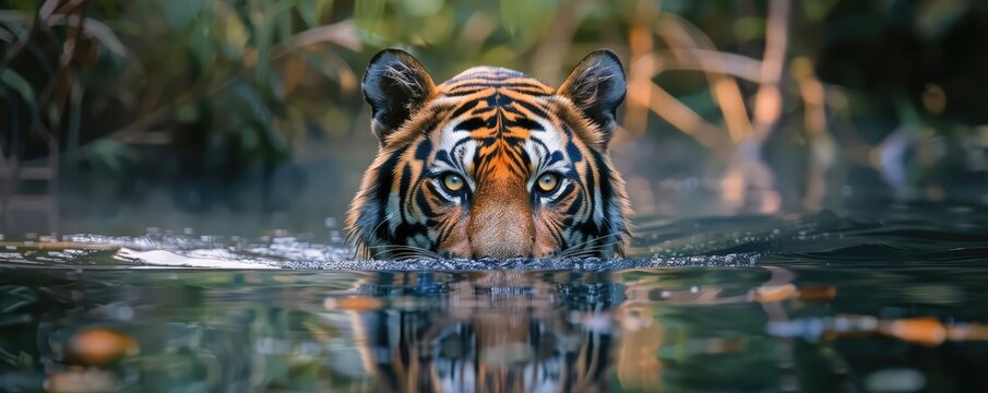 A tiger is swimming in a body of water