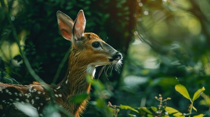 A deer is standing in a lush green forest