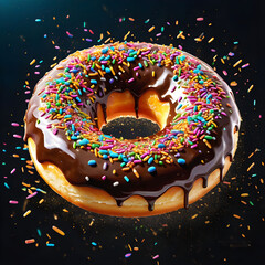 chocolate donut flying-donut-enveloped-by-vibrant-sprinkle-explosion-sugary-glaze-catching-the-sunlight-with-a-shim
