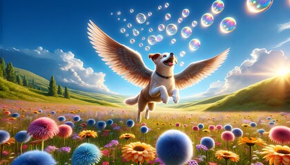 Joyful Winged Dog Among Soap Bubbles Over Flower Meadow