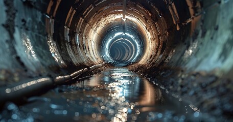 Sewer rehabilitation work, close view, cloudy day, wide angle, underground infrastructure focus. - obrazy, fototapety, plakaty