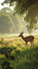 Fototapeta premium A deer is standing in a grassy field with trees in the background