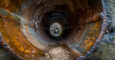 Sewer rehabilitation work, close view, cloudy day, wide angle, underground infrastructure focus.  - obrazy, fototapety, plakaty