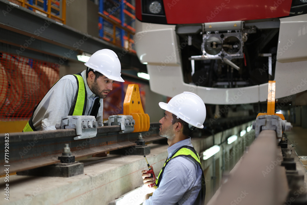 Wall mural two railway engineers are working to inspect the electrical train rail system after it runs and is p