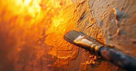 Paintbrush on textured wall, close view, sunset, wide angle, final touches on surface. - obrazy, fototapety, plakaty