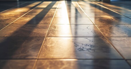 Ceramic tiles laying for flooring, close-up, bright indoor light, wide angle, precision in pattern. 