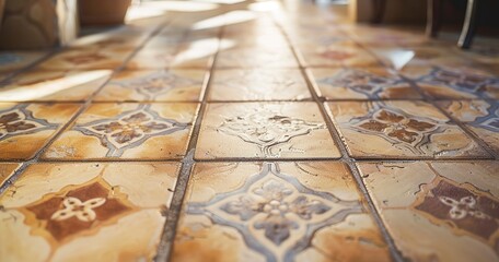Ceramic tiles laying for flooring, close-up, bright indoor light, wide angle, precision in pattern. 
