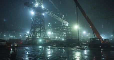 Floodlit crane towering over night site, close-up, artificial light, wide lens, nocturnal construction. 