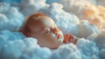 Embedded over a light cover of clouds beneath an open sky, a newborn baby boy sleeps soundly over spongy white clouds and space, Generative AI.