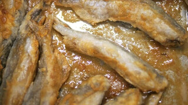 Fried Fish In Pan. Fish Frying In Oil. Roasted Seafood Cuisine 4K