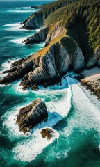 A breathtaking aerial perspective of a rugged coastline, where crashing waves meet majestic rocky formations 