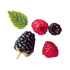 a blackberry and a raspberry with a green leaf on a transparent background