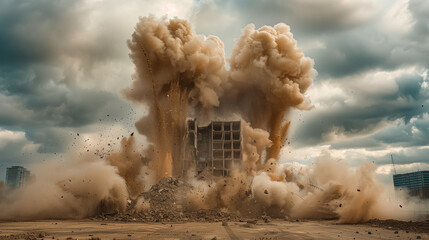Controlled demolition of tall structure building. - obrazy, fototapety, plakaty