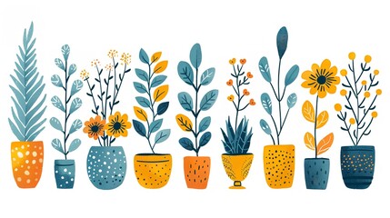 Hand-drawn group of indoor flower plants in pots with foliages and twigs on a white background and space, Generative AI. - obrazy, fototapety, plakaty