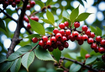 Obraz premium A close-up reveals a tree adorned with vibrant berries, nature's colorful jewels adorning its branches